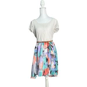 Lily Rose Womens Western Boho Lace Prairie Dress Belted Watercolor Hi Low Medium